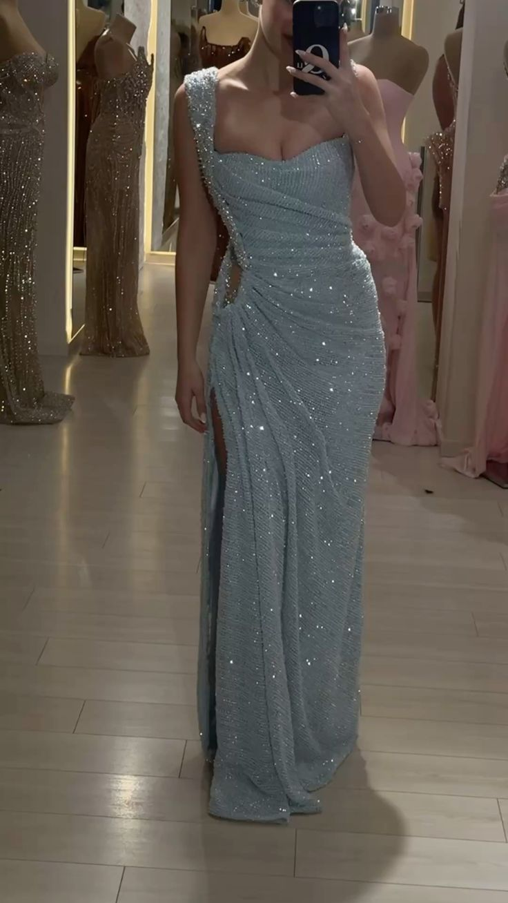 Sparkly Light Blue Sequin Beaded High Slit Mermaid Long Evening Dress Party Dress D5129