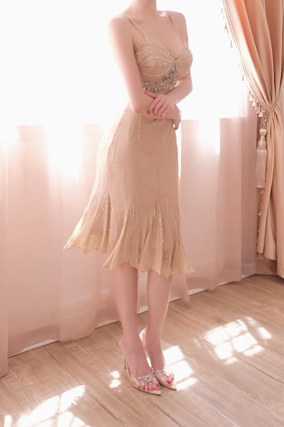 Vintage Spaghetti Strap Chiffon Beaded Mermaid Evening Dress Champagne Prom Gowns D2742