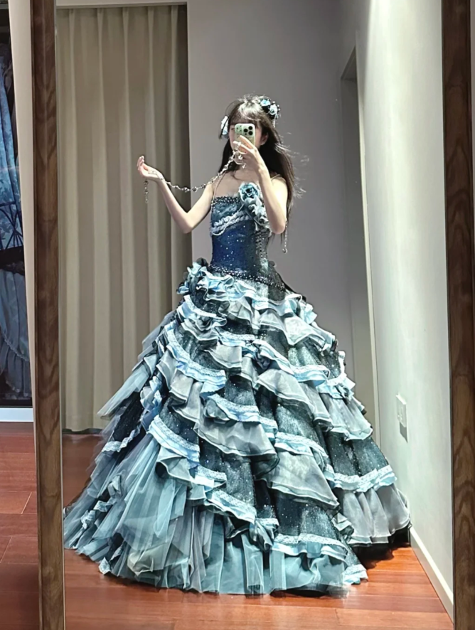 Shiny Strapless Tulle Satin Beaded Ball Gown Blue Layered Sweet 16 Dress Quinceanera Dress D1698