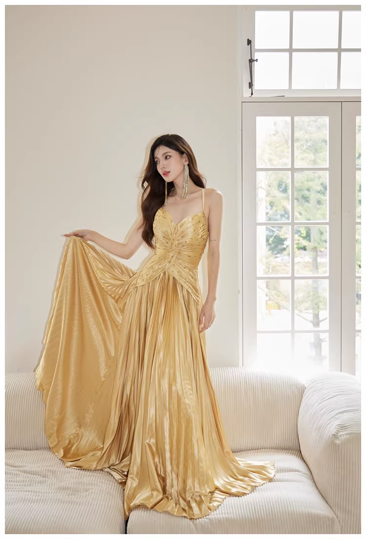 Gorgeous Spaghetti Straps Gold Satin Pleated Beaded A Line Long Evening Dress Birthday Dress D2406