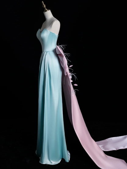 Stunning Sweetheart Neck Blue Satin With Bow-knot Party Dresses Mermaid Long Evening Dress D4849