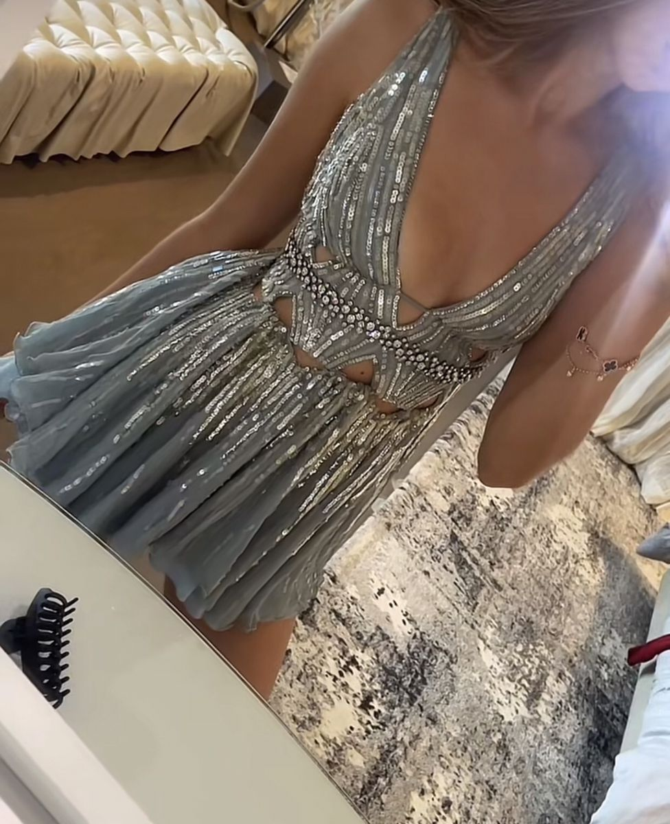 Sparkly V Neck Gray Blue Tulle Sequin Beaded A Line Short Homecoming Dress,Formal Mini 21st Birthday Outfits D3840