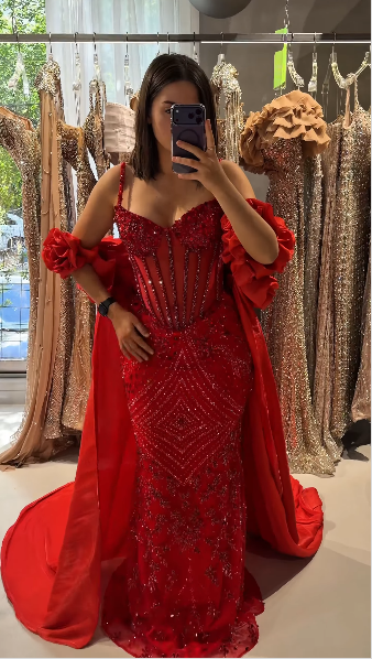 Gorgeous Spaghetti Straps Tulle Beaded Mermaid Long Party Dress Red Long Birthday Evening Gowns D5243