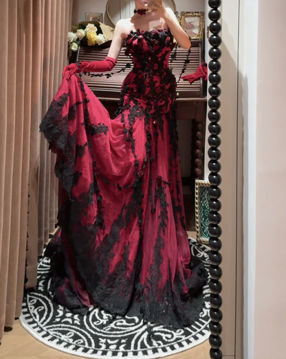 Charming Spaghetti Straps Burgundy Lace Appliques Beaded Mermaid Long Party Dress Evening Dress With Flowers D2050