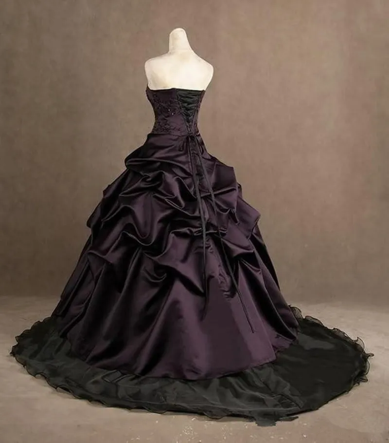 Retro Dark Purple Strapless Satin Pleated Beaded Ball Gown Formal Quinceanera Dress D1165