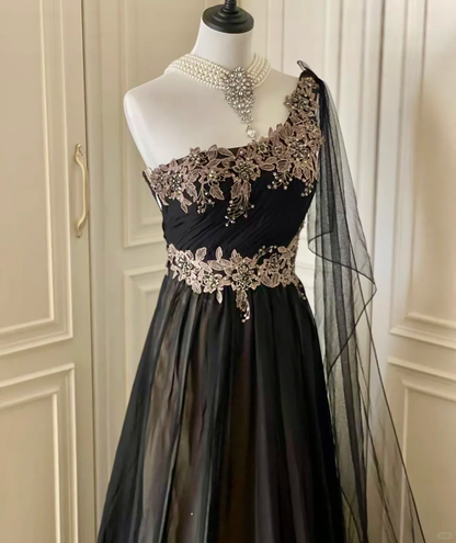 Vintage Black Tulle Appliques Beaded Mermaid Evening Dress,One Shoulder Long Wedding Guest Dress D3092