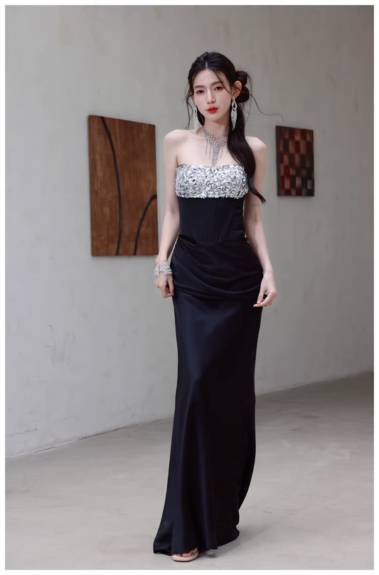 Fashion Black Strapless Satin Sequin Beaded Mermaid Evening Dress Long Wedding Guest Dress D2453