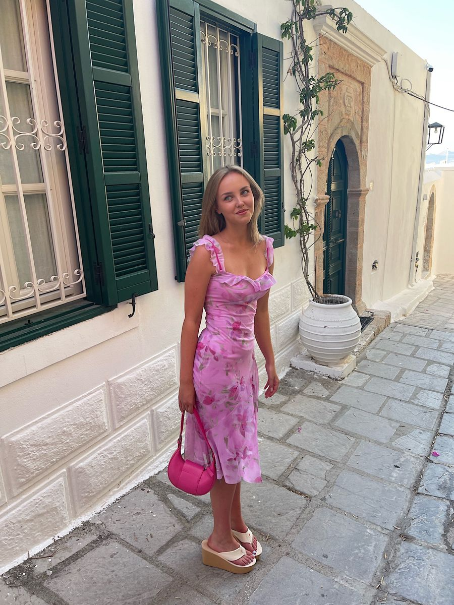 Classy Hot Pink Chiffon Print Floral Mermaid Long Party Dress Evening Dress D3412