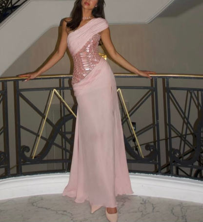 Classy One Shoulder Chiffon Sequin Slit Mermaid Party Dress Long Evening Dress Prom Gown D1746