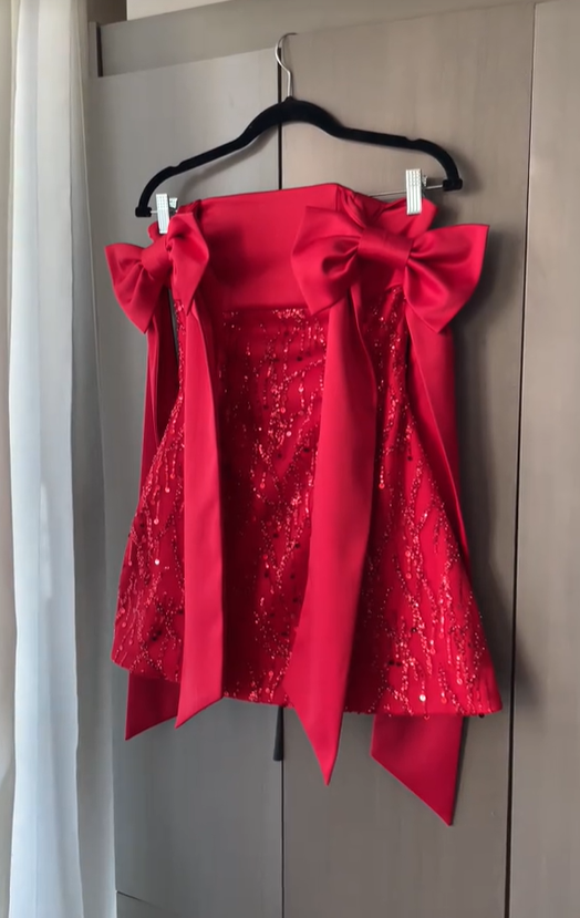 Pretty Red Bow Straps Satin Sequin Short Homecoming Dress Cocktail Dress D3948