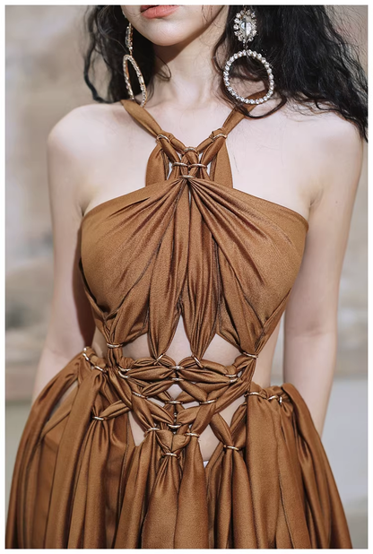 Sexy Halter Caramel Backless Satin Long party Dress Evening Gown D2419