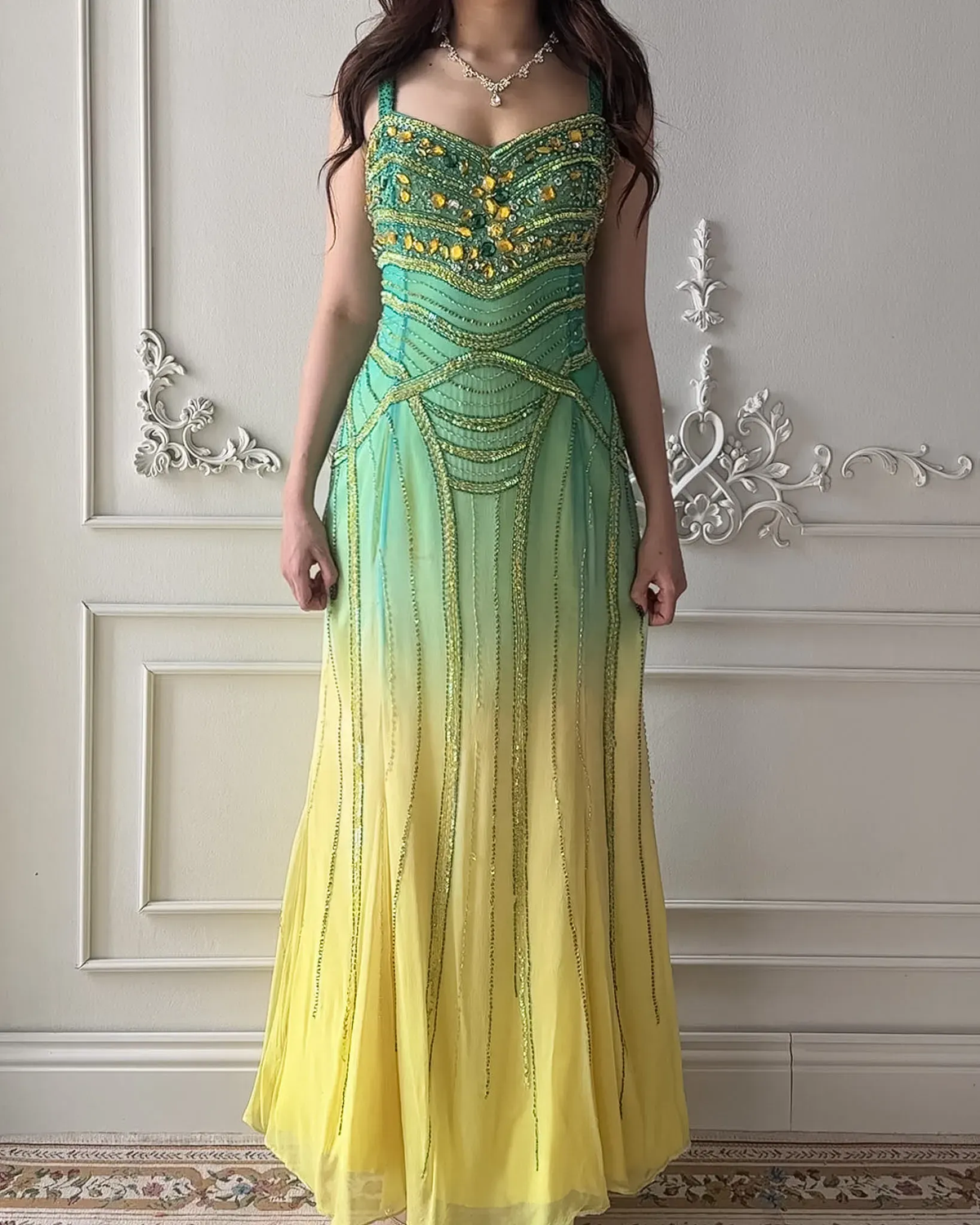 Unique Green-to-Yellow Ombre Chiffon Beaded Mermaid Party Dress Long Evening Dress D5426