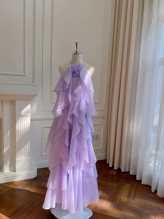 Glamorous Halter Chiffon Ruffle Layered Long Party Dress,Lavender Evening Gown D2994