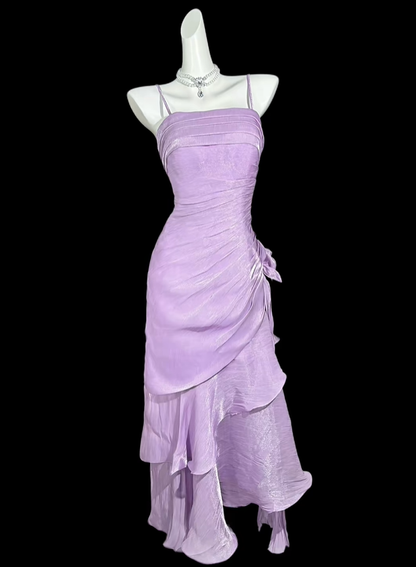Glamorous Spaghetti Straps Purple Satin Layered Mermaid Long Party Dress Birthday Prom Dresses D4204