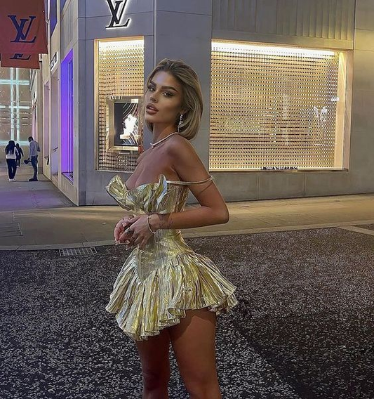 Vintage Gold Satin Pleated A Line Short Prom Dress Homecoming Dress D669