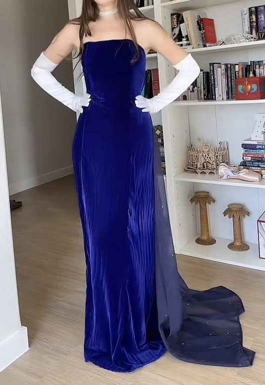 Charming Royal Blue Strapless Velvet Long Evening Dress Formal Birthday Party Dress With Gloves D1965