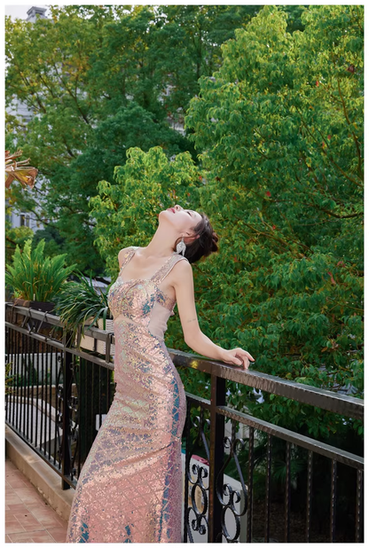 Glitter Spaghetti Straps Sequin Mermaid Long Party Dress Evening Gown With Bow D2448