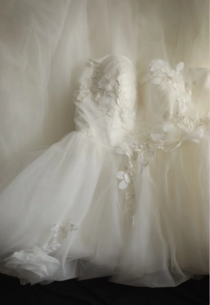 Fairy Strapless Tulle Appliqued Ball Gown White Long Wedding Dress D2323