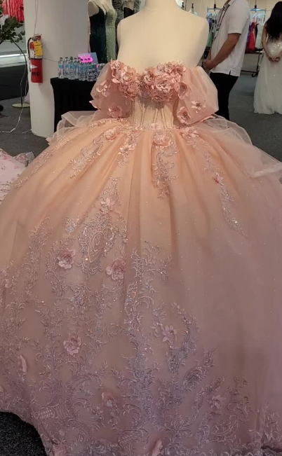 Charming Pink Off The Shoulder Tulle Sequin Appliques Princess Quinceanera Dress Sweet 17 Dress D1633
