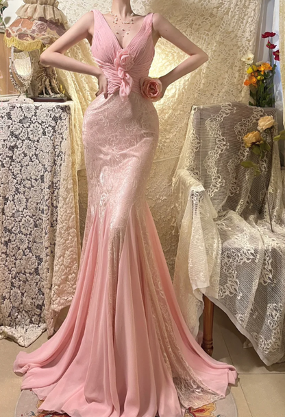Classy V Neck Pink Lace Chiffon Mermaid Long Wedding Guest Dress Formal Prom Dress Party Gown D2134