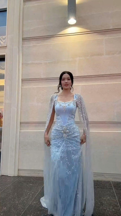 Elegant Satin Pleated Tulle Sequin Beaded Prom Dress Light Blue Mermaid Long Party Dress D5137