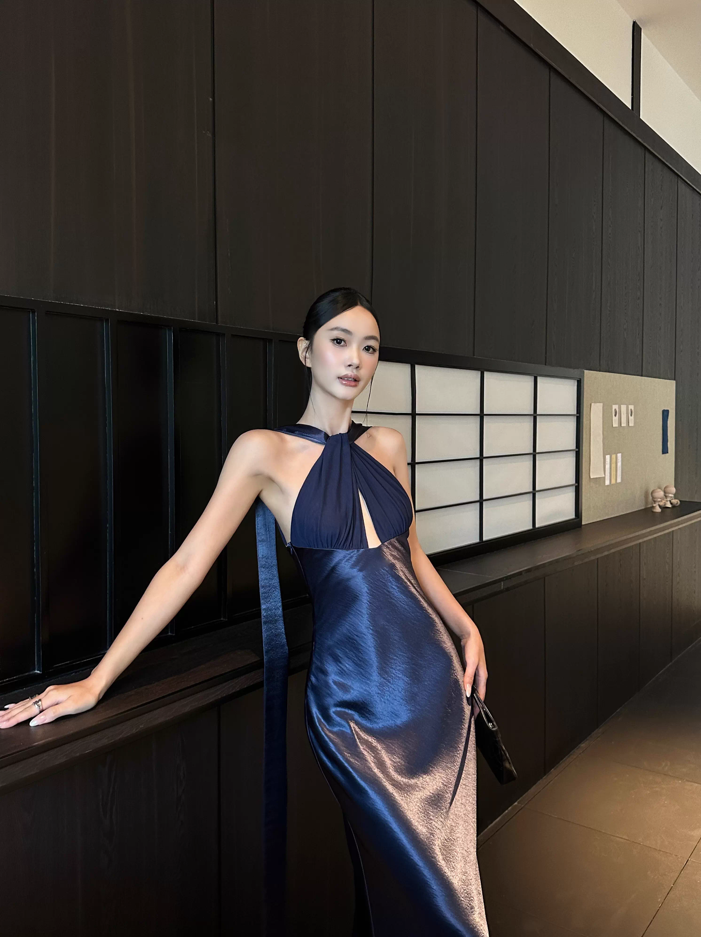 Classy Sleeveless Navy Blue Satin Mermaid Long Wedding Guest Dress Formal Backless Party Dress Evening Gown D2082