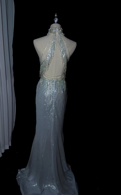 Glamorous Silver Sequin Tassel Mermaid Long Evening Dress Halter Backless Party Dress D5167