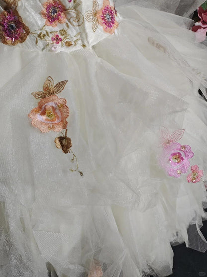 Pretty Strapless White Satin Tulle Embroidery Floral A Line Short Birthday Outfits Homecoming Dress D3154
