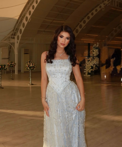 Sparkly Spaghetti Straps Blue Satin Tulle Sequin A Line Long Evening Dress Party Gown D2976