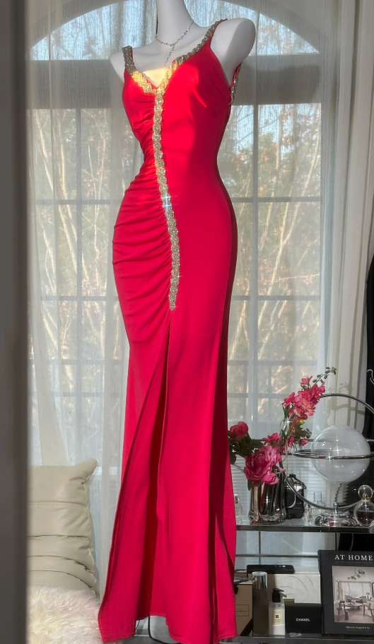 Pretty Spaghetti Straps Red V Neck Satin Beaded Mermaid Slit Evening Dress Long Party Gown D2292