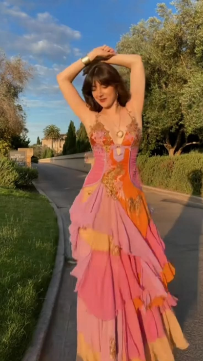 Vintage Spaghetti Straps Chiffon Appliques Long Party Dress Prom Dresses D4919