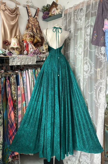 Vintage Green Halter V Neck Satin Sequin Pleated Long Party Dress Prom Dress D3210
