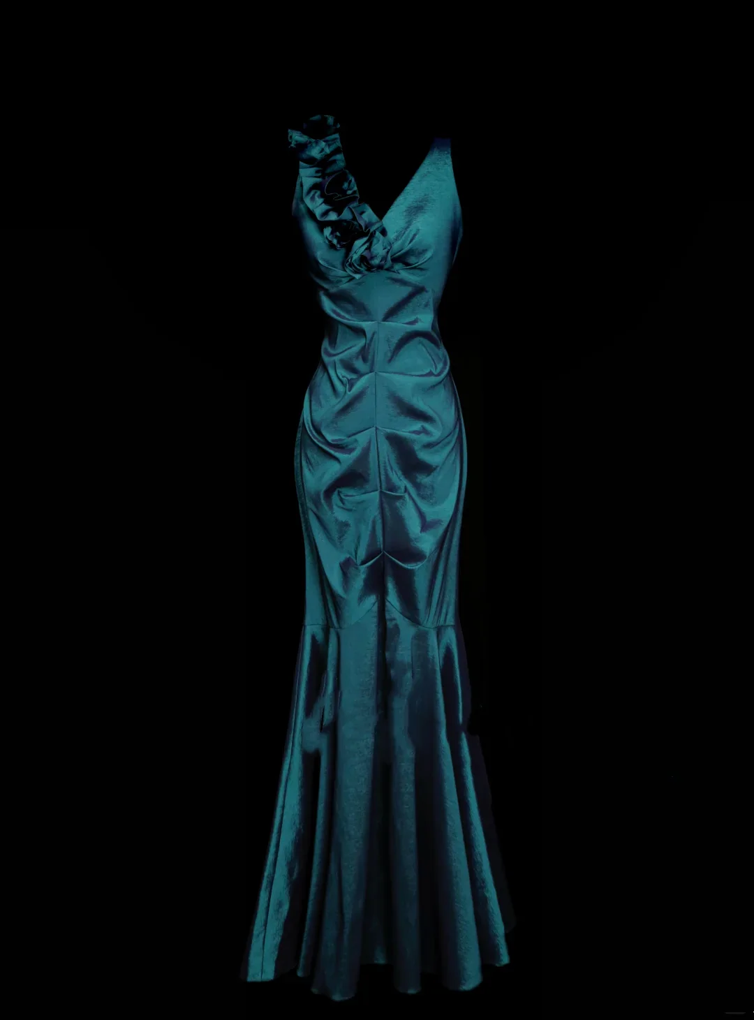 Vintage V Neck Blue Satin Pleated Mermaid Long Prom Dresses Party Dress D4880