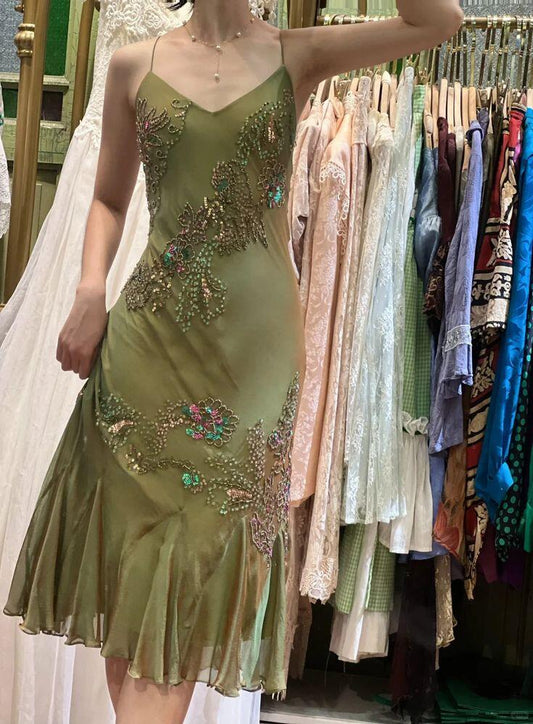 Vintage Spaghetti Straps Olive Green Satin Chiffon Beaded Mermaid Long Party Dress Backless Prom Gown D3479