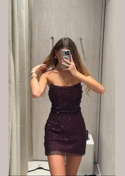 Shiny Dark Purple Sequin Sheath Short Graduation Homecoming Dress,Strapless Mini Prom Dress D4128