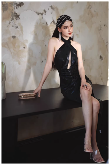 Sexy Black Halter High Slit Sheath Long Evening Dress Backless Prom Gowns D2412