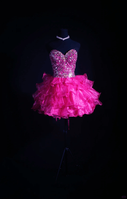 Gorgeous Sweetheart Neck Hot Pink Tulle Beaded A Line Short Homecoming Dress Cocktail Dress D3323