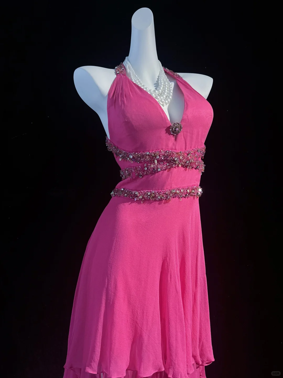 Elegant Hot Pink Chiffon Beaded Mermaid Long Party Dress,Halter V Neck Prom Gowns D2842
