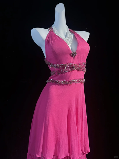 Elegant Hot Pink Chiffon Beaded Mermaid Long Party Dress,Halter V Neck Prom Gowns D2842