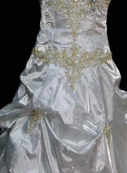 Chic Ball Gown Spaghetti Straps White Satin Pleated Beaded  Long Party Dress Evening Dress D4514
