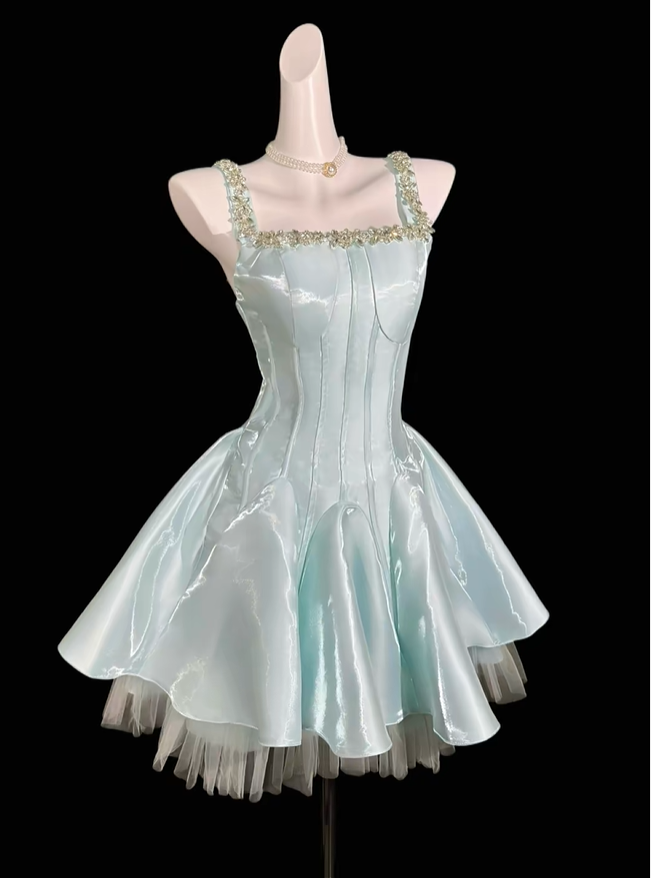 Classy Spaghetti Straps Satin Tulle Beaded Short Birthday Party Dress,Light Mint Green A Line Short Homecoming Dress D4157