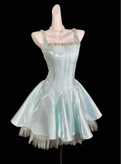 Classy Spaghetti Straps Satin Tulle Beaded Short Birthday Party Dress,Light Mint Green A Line Short Homecoming Dress D4157