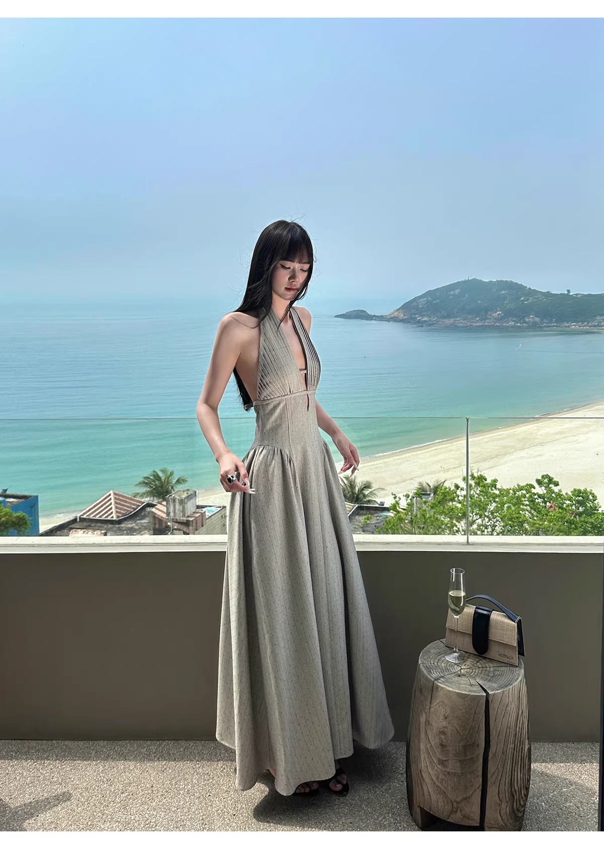 Fashion Halter Gray satin Pleated A Line Long Wedding Guest Dress,Backless Long Evening Dress Prom Gown With Pockets D2085