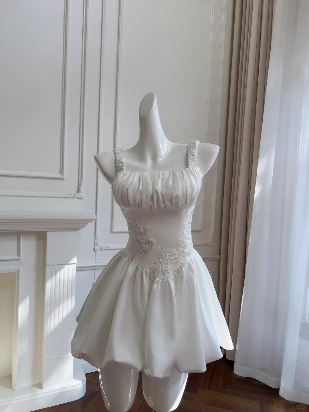Elegant Spaghetti Strap White Satin Beaded A Line Short Homecoming Dress Birthday Dress D2957