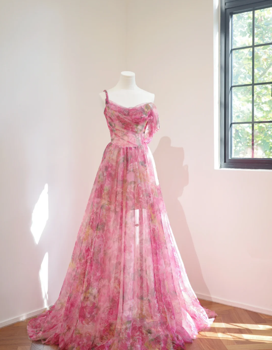 Beautiful Pink Spaghetti Straps Rose Flowers Tulle Long Party Dress Evening Gown D2161