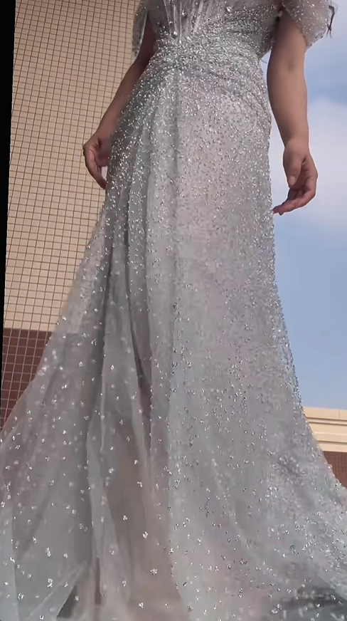 Sparkly Silver Tulle Sequin Beaded Mermaid Long Evening Dress Off The Shoulder Birthday Party Dress D2030