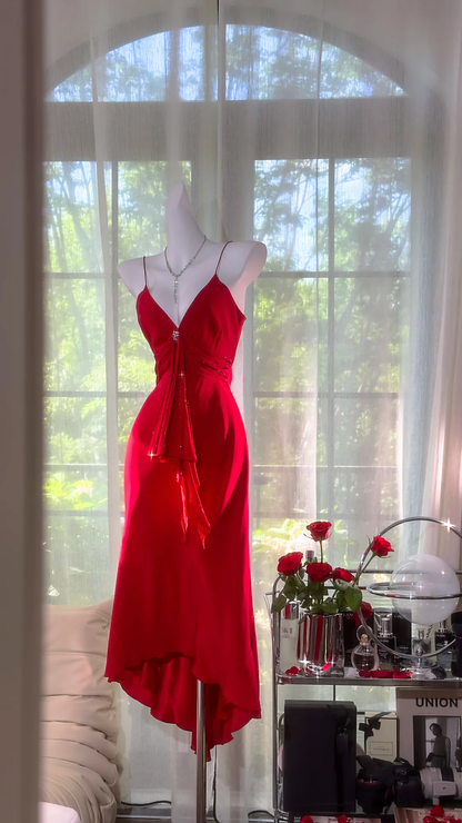 Pretty Red V Neck Chiffon Party Dress Spaghetti Straps Mermaid Birthday Prom Dress S725