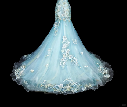 Classy Sleeveless Light Blue Tulle Appliques Mermaid Long Evening Dress Prom Dress D5388