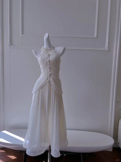 Elegant Chiffon Pleated Sleeveless Birthday Party Dress White Vacation Dress With Pearls S484