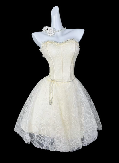Pretty Cream Sweetheart Neck Satin Lace A Line Short Homecoming Dress Birthday Outfits D4183